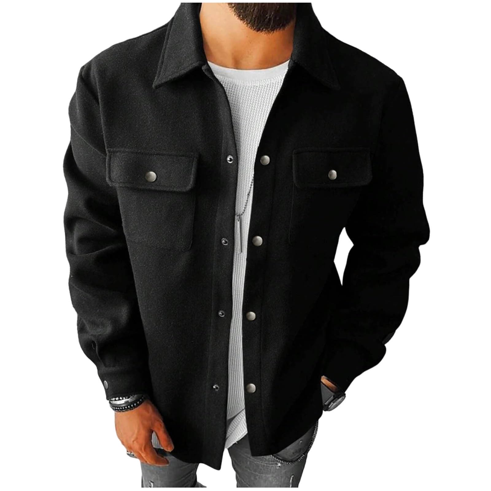 Mens Wool Blend Jacket Coat Collared Fall Winter Coats Casual Snap Button Soft Warm Outerwear with Chest Pockets