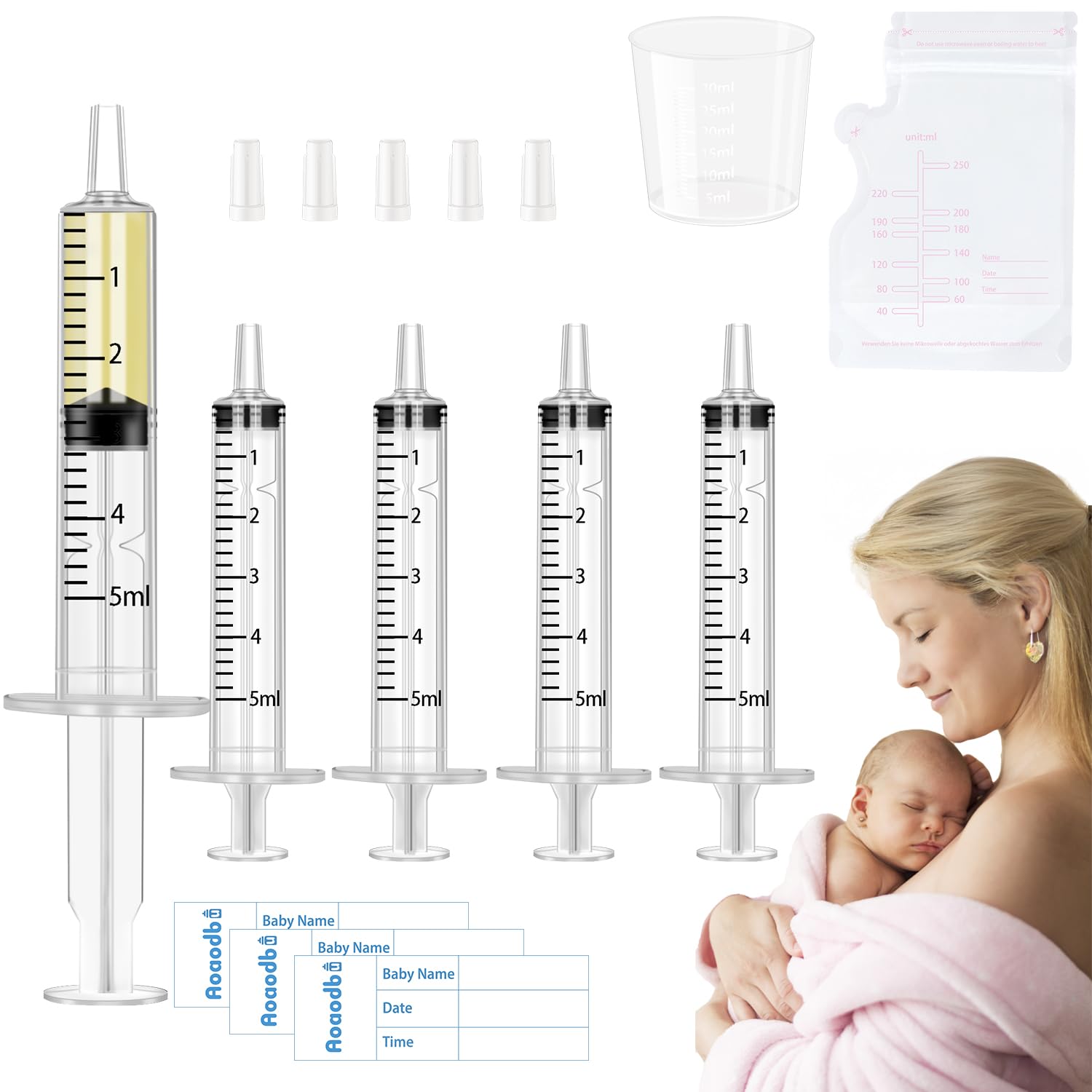 Colostrum Collector Kit Include 40pcs 5ml Sealed Breast Milk Collector No Needle Colostrum Syringes 5 Breastmilk Storage Bags and 1 Piece 30 ml Measuring Cup with 50 Stickers