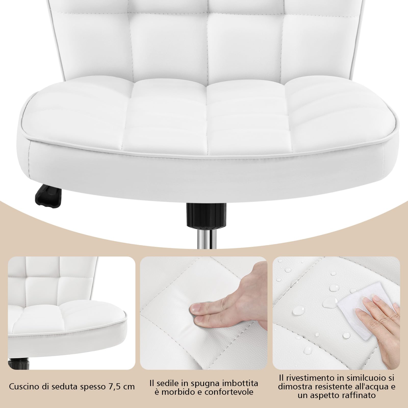 Yaheetech Sedia Ufficio Srivania Senza Braccioli Ergonomica in Ecopelle Bianca Imbottita a Rotelle Girevole Altezza Regolabile Fonzione Dondolo Portata 136 KG