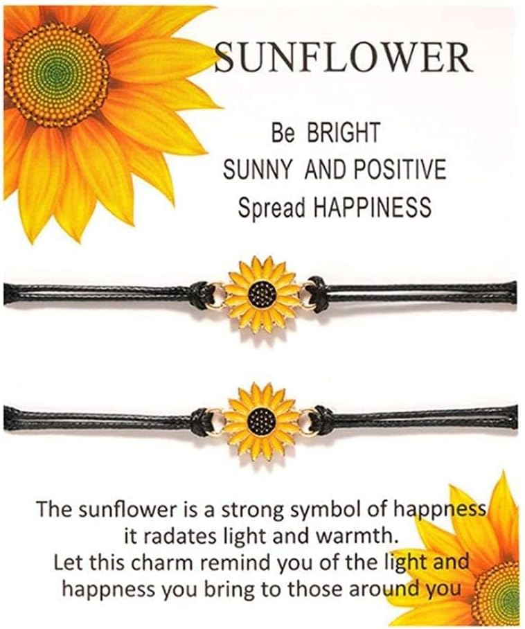 Miniatura 5 de Juego de 2 pulseras de girasol con diseño de girasol, estilo bohemio, para parejas, mejores amigas, mujeres, niñas, cuerda negra y tarjeta blanca,