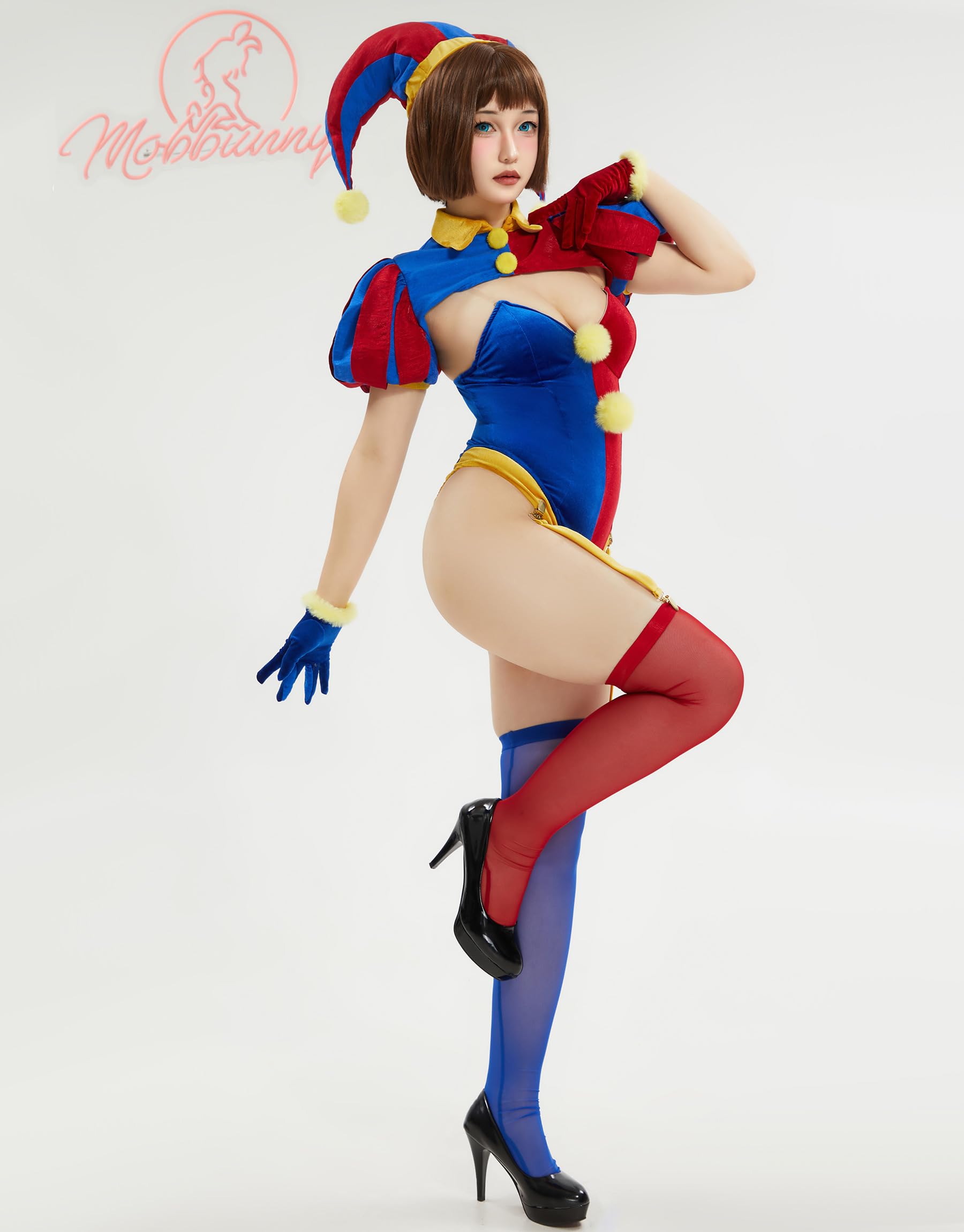 Mobbunny Women's Clown Cosplay Costume Circus Clown Bodysuit Blue Red Bodysuit and Mini Skirt with Gloves and Hat