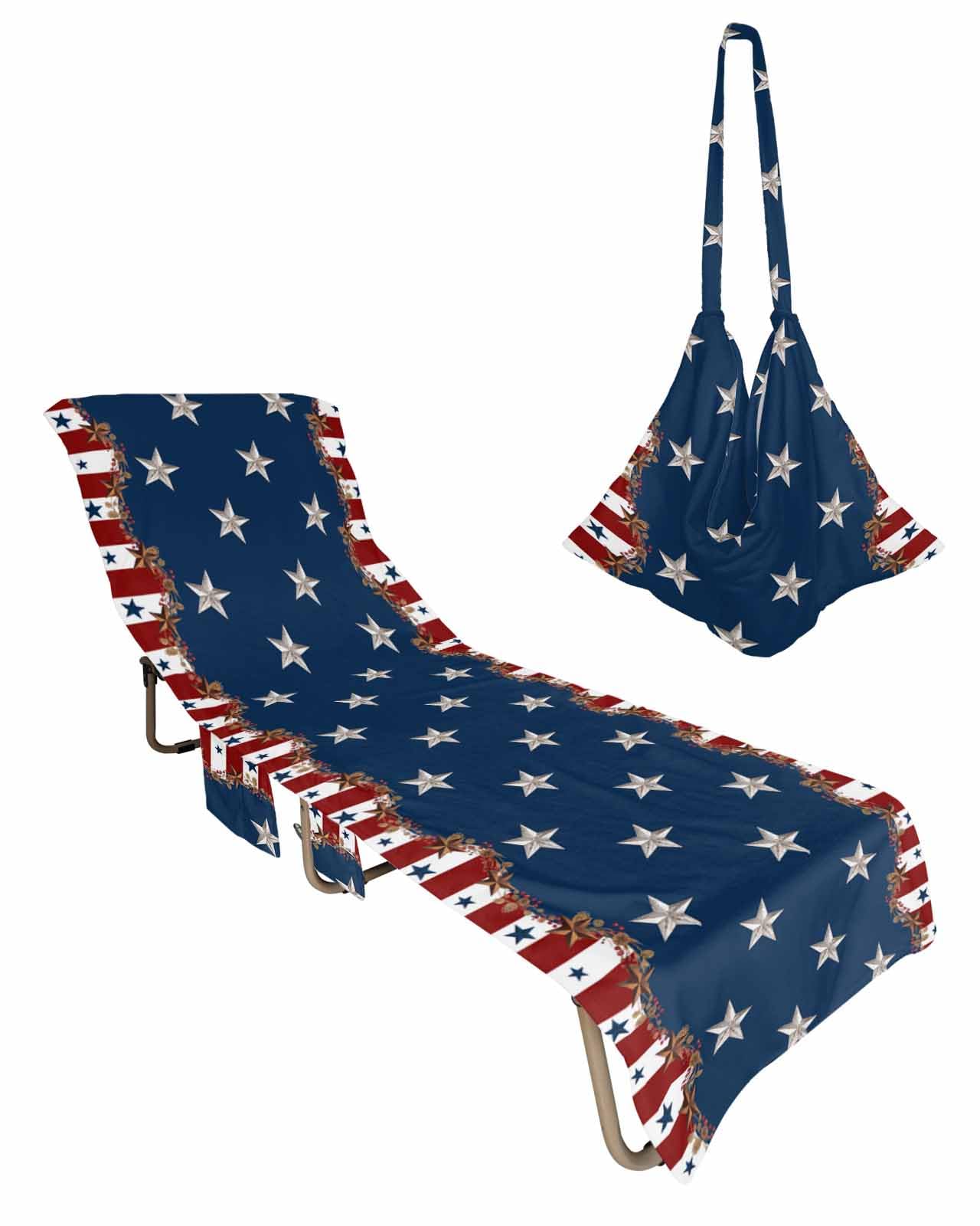 Blue Red 4th of July Beach Lounge Chair Towel Cover, Soft Chaise Lounge Towel with Side Pockets Patio Pool Chairs Cover for Beach/Pool Sunbathing 29x85 Independence Day Star Country