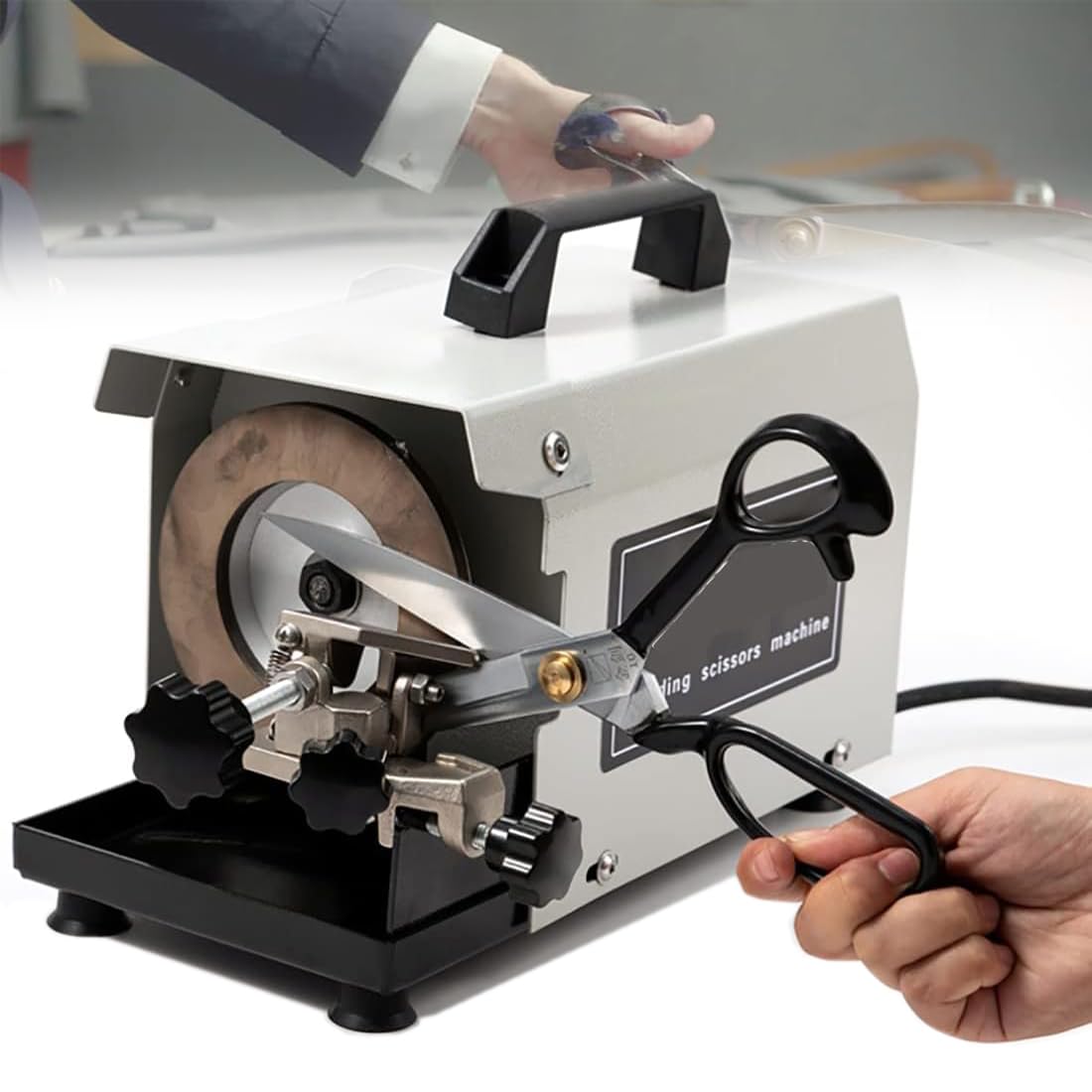 WHOOLEFUN Electric Scissors Sharpener, 2800RPM Industrial Grinding Scissors Machine, Max Sharpening Width 50mm, Grinding Length Unlimited, for Tailor, Kitchen, Clothing Scissors