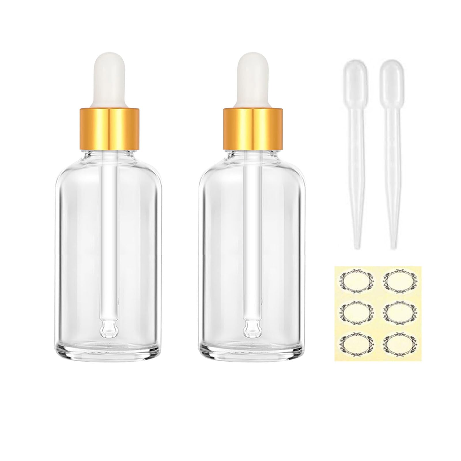 Apstaqeoo Clear Glass Gold Cap 2Pcs 50Ml Clear Glass Dropper Bottles - Empty Bottle With Dropper Pipette Refillable Sample Bottles Tincture Drop Bottle Gold Cap For Essential Oil Aromatherapy Perfume Laboratory