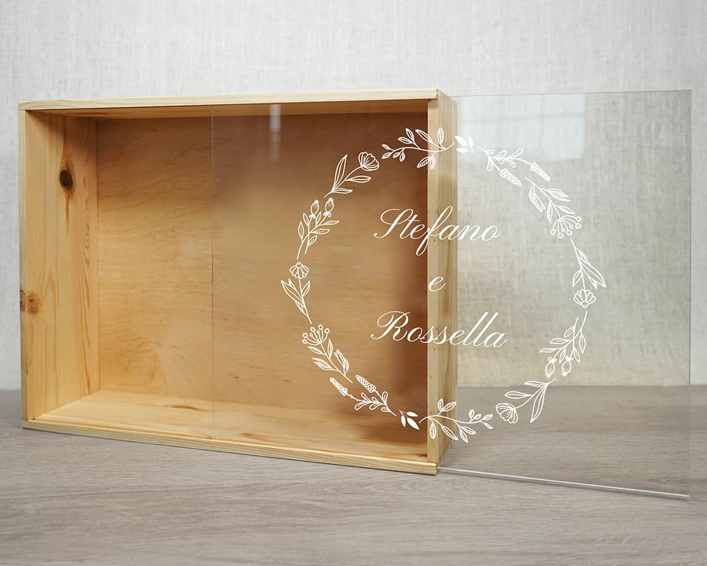 Caja de boda de plexiglás, Caja de recuerdos de madera para los recién casados, 36 x 27 x 10 cm, Caja de almacenamiento personalizada (Personalizzata matrimonio)