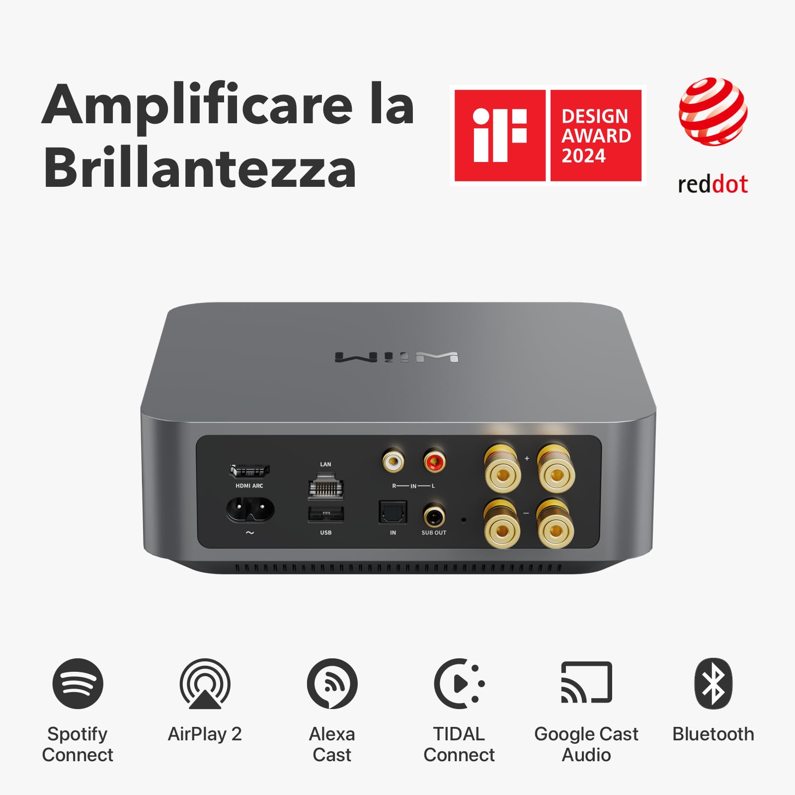 WiiM Amp Amplificatore Streaming Multiroom AirPlay Google Cast Alexa HDMI Controllo Vocale Grigio Spazio