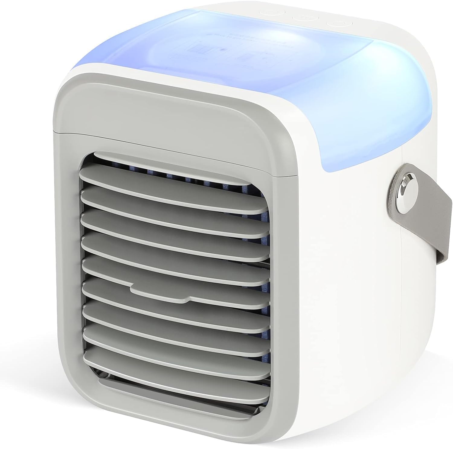 Aire acondicionado portátil, 4 en 1, mini enfriador de aire, enfriador de aire USB silencioso con depósito de agua, asa portátil, 7 luces LED, 3 velocidades