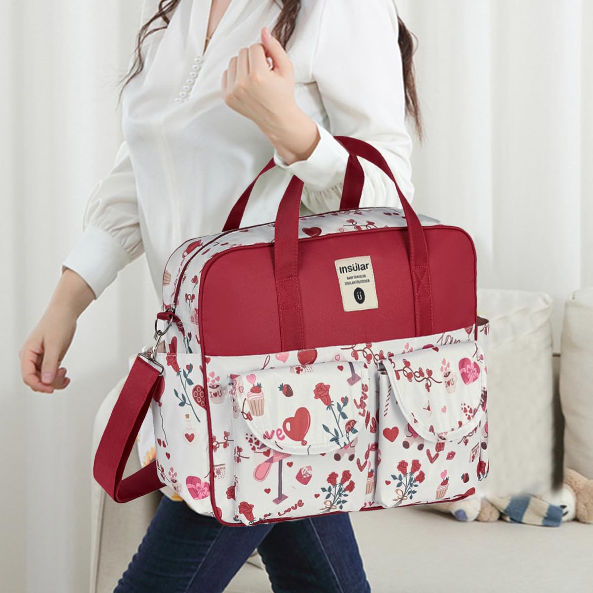 SONARIN Large Capacity Multifunctional Baby Nappy Changing Tote Bag,Waterproof Baby Changing Bag Satchel Messenger Bag Travel Diaper Bag with Shoulder Strap & Changing Mat(Red-Rose)