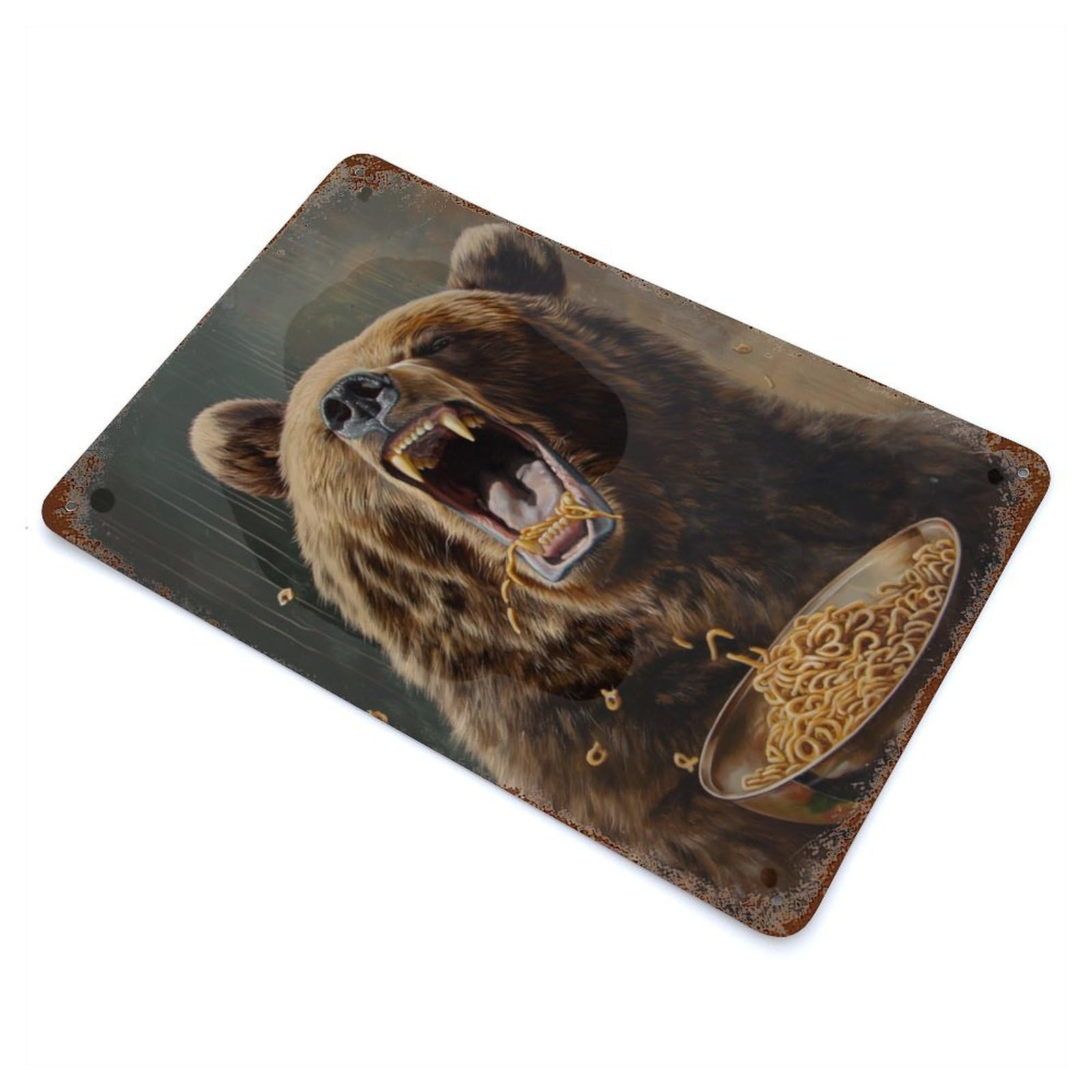 Angry Bear Ramen Noodles 11.8"x7.9" Rusty Metal Tin Sign, Shabby Chic Decor for Bistro, Counter And Cafe Decor