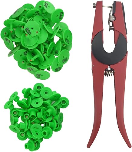 WMYCONGCONG 100 juegos de etiquetas de identificación para ganado, forma redonda, 1-100, numeradas con 1 aplicador de alicates para cabras, ovejas,