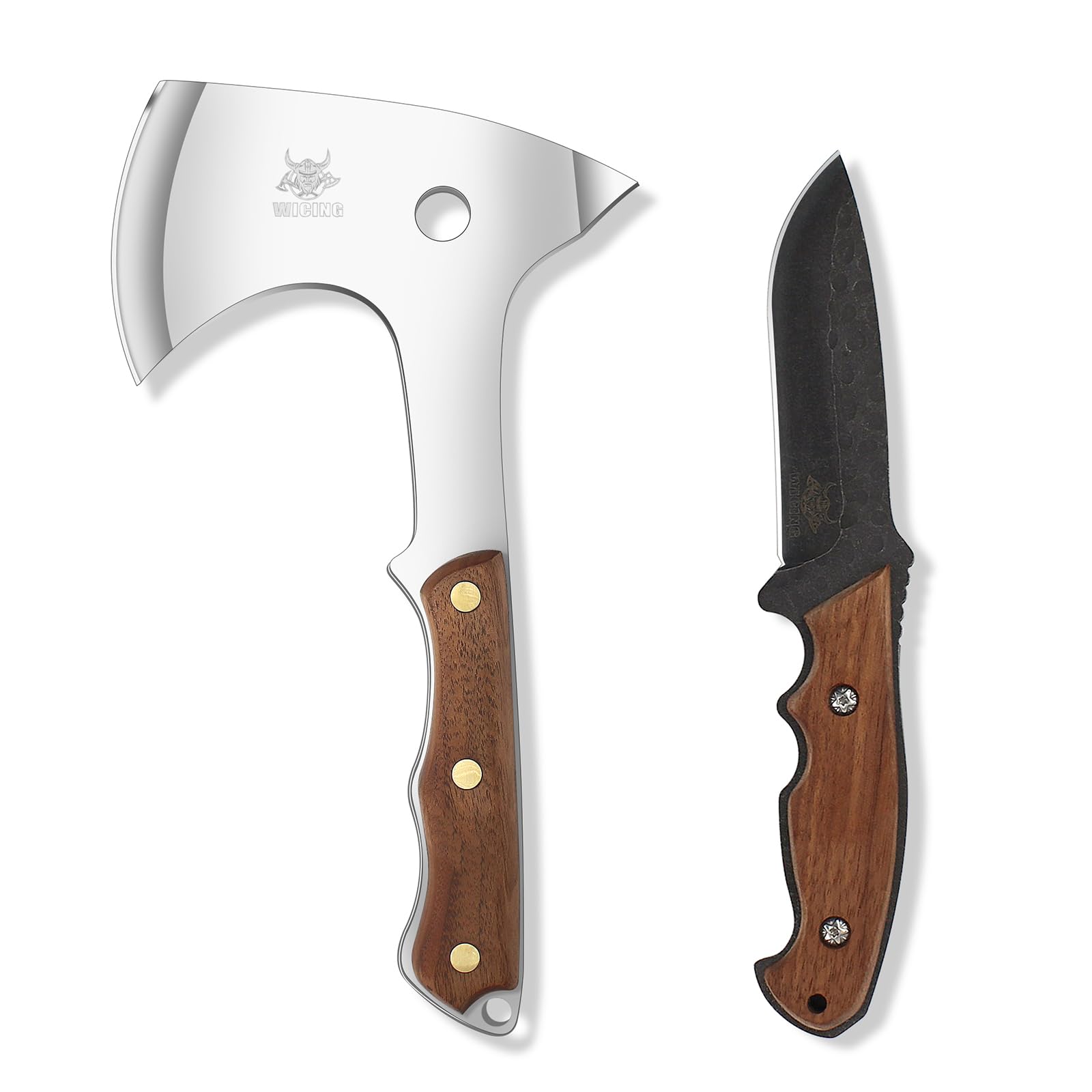 WICING Hatchet and Fixed Blade Knife Combo Set, Full Tang Wood Handle with Nylon Sheath for Outdoor Camping Survival