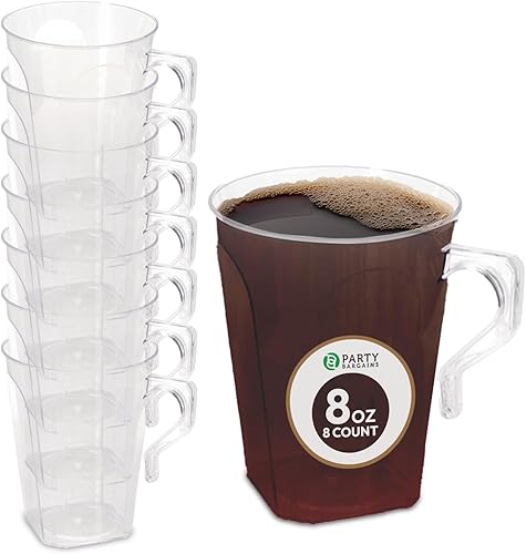 PARTY BARGAINS Tazas de café cuadradas de plástico transparente de 8 onzas con asas, paquete de 8 tazas de té de plástico desechables, excelentes
