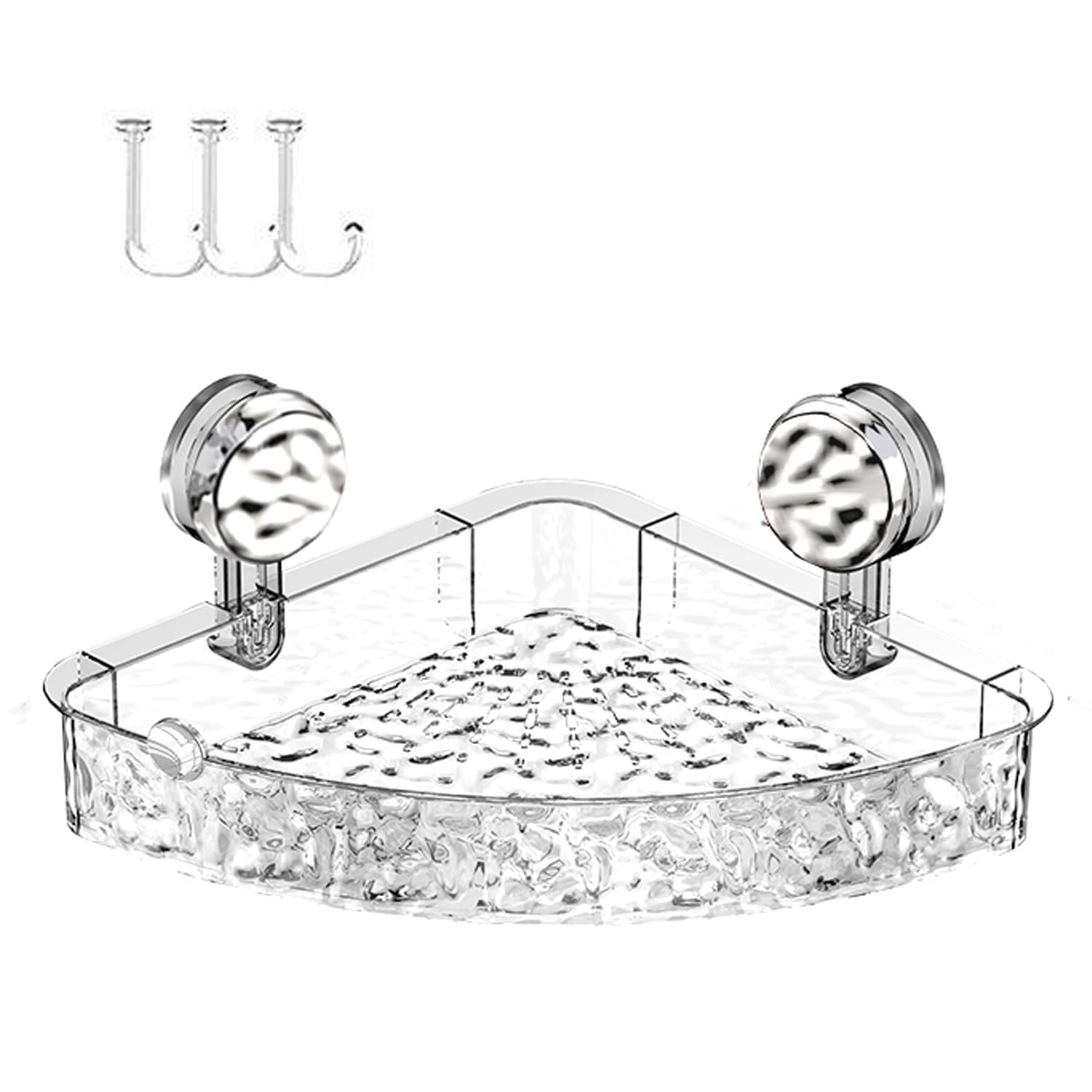 Suction Cup Corner Shower Shelf Corrugated Holder Organizer with 3 Hooks No-Drill Bathroom Suction Storage Box for Kitchen