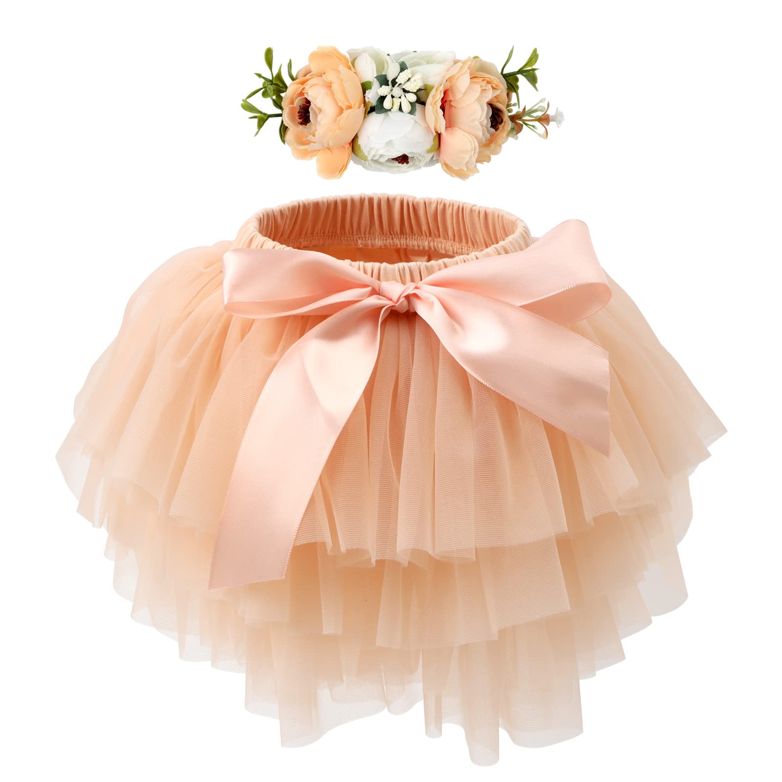 HOOLCHEAN Baby Girls Soft Tutu Skirt and Flower Headband Sets with Diaper Cover Peach, 0-6 Months