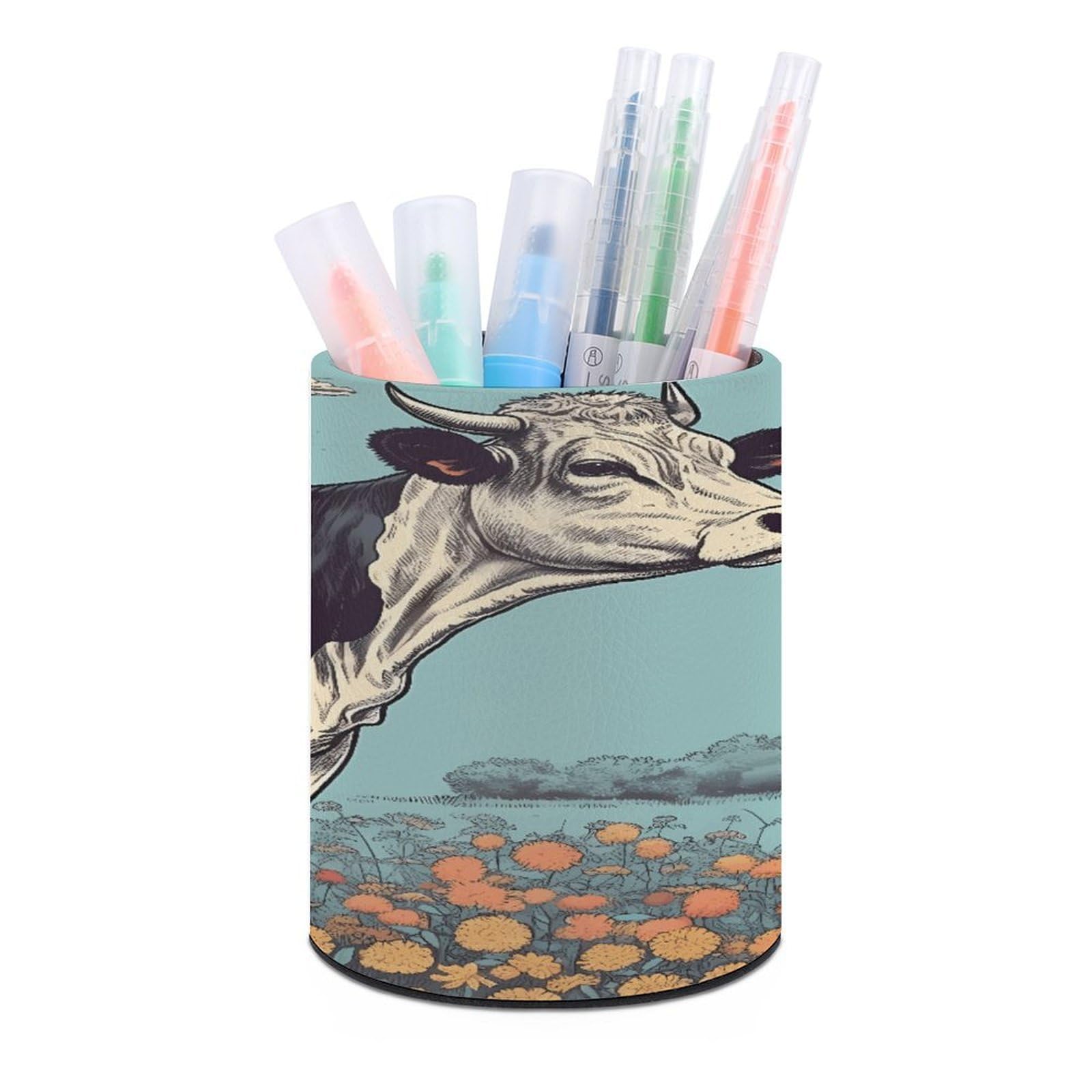 FekiLoot PU Leather Round Pen Holder Hand Drawn Cow Pencil Holder Desk Organizer Pen Organizer Pen Cup Pencil Cup Caddy Desktop Stationery Organizers for Office Home Supplies