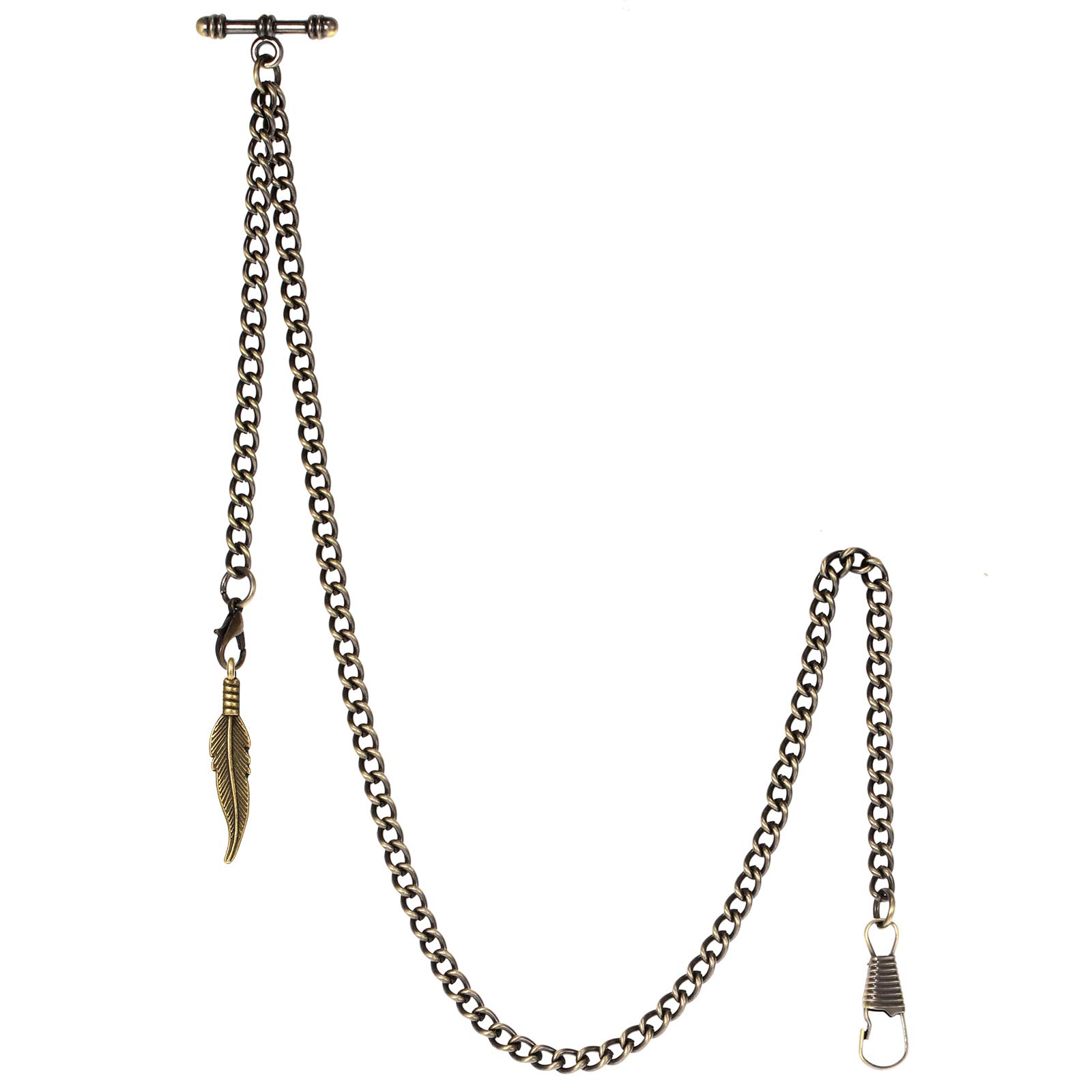 TREEWETO Men's Albert Chain Pocket Watch Curb Link Key Chain 2 Hooks with Antique Bronze Leaf Pendant Design Charm Fob T Bar