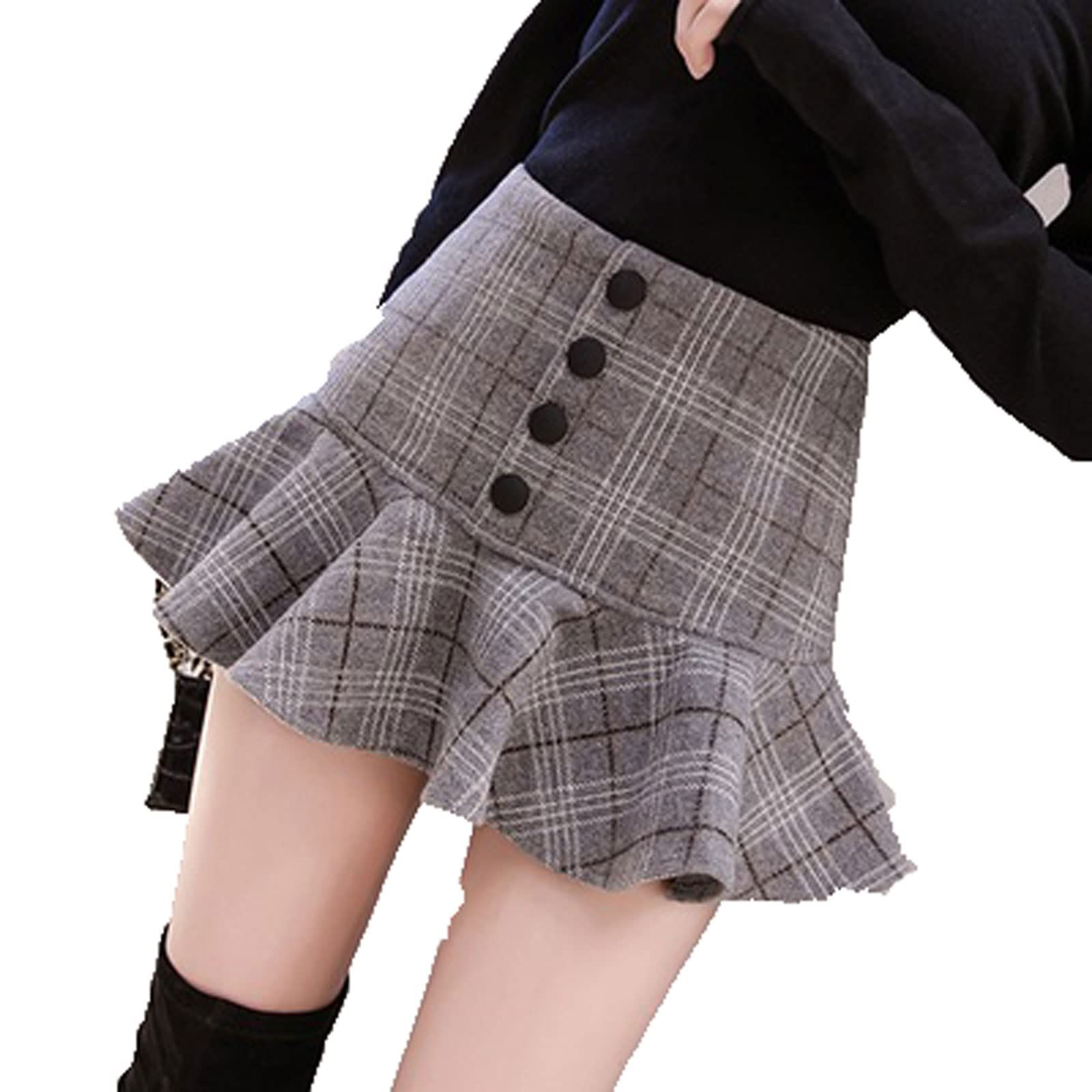 OBUMIOBUMI Short skirts for women Autumn winter fashion women high waist ruffles shorts skirt plaid skirt kawaii Skirts Harajuku Mini (Color : Hortel�, Size : M)
