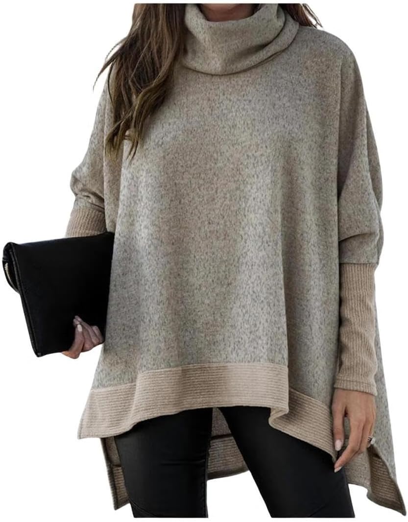 Women's Turtleneck Oversized Sweaters 2024 Fall Long Batwing Sleeve Spilt Hem Tunic Pullover Sweater Knit Tops