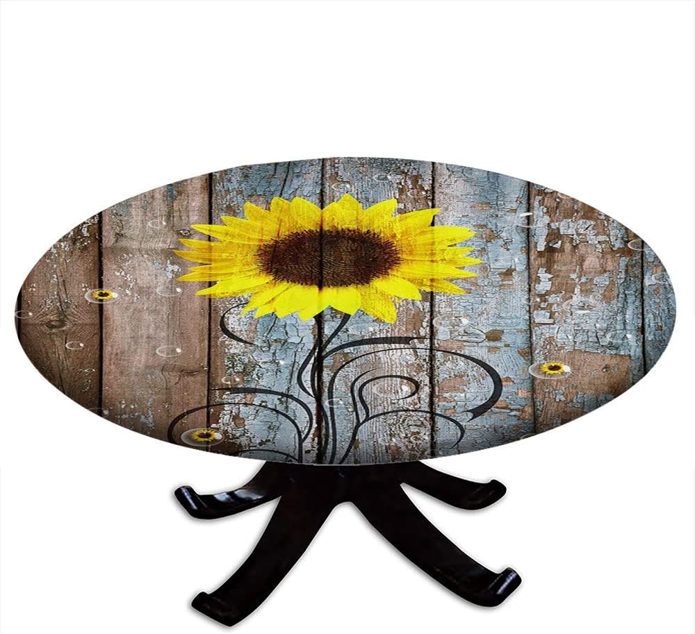 Rustic Wooden Dahlia Flower Round Fitted Tablecloth, Dragonfly Floral Old Garage Door American Native Country Farmhouse Decor, for Dining Tables, Buffet Parties and Camping, Fit for 44" Table,