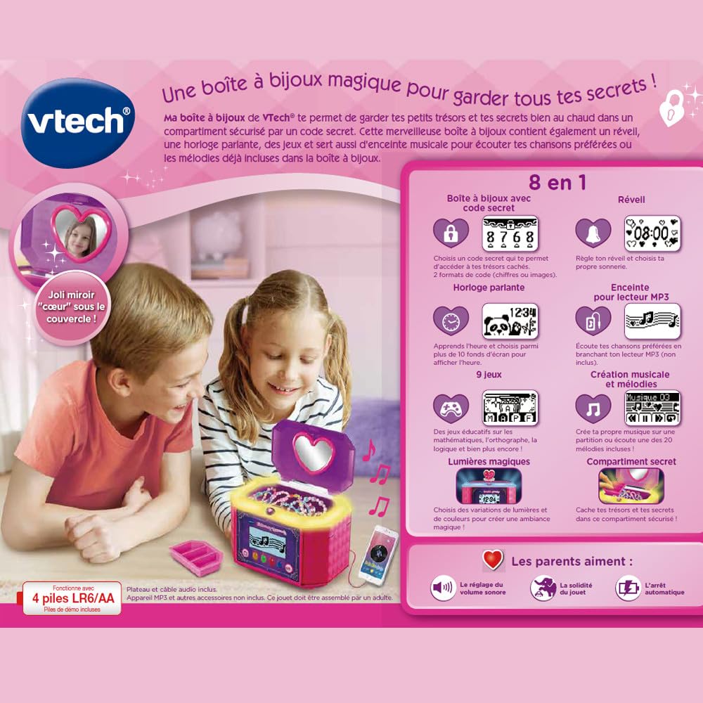 VTech - KidiSecrets, My Box portagioie rosa, cassaforte segreta 8 in 1 con codice, incinta, 9 giochi, giocattolo elettronico suoni e luci, regalo per bambini dai 4 anni ai 10 anni - contenuto in
