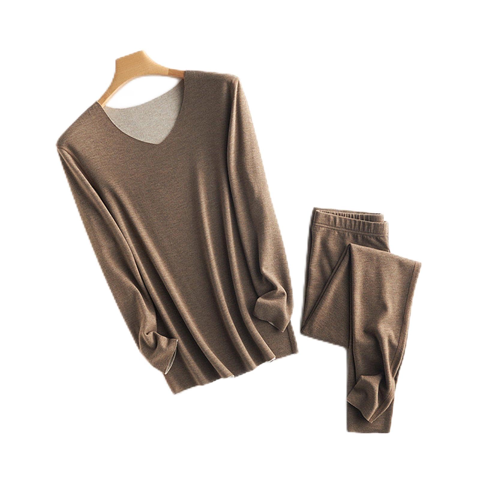 Conjunto de Ropa Interior térmica para Hombre, Top con Cuello en V de Lana de otoño e Invierno, Pantalones calefactores sin Rastro,Brown-XL