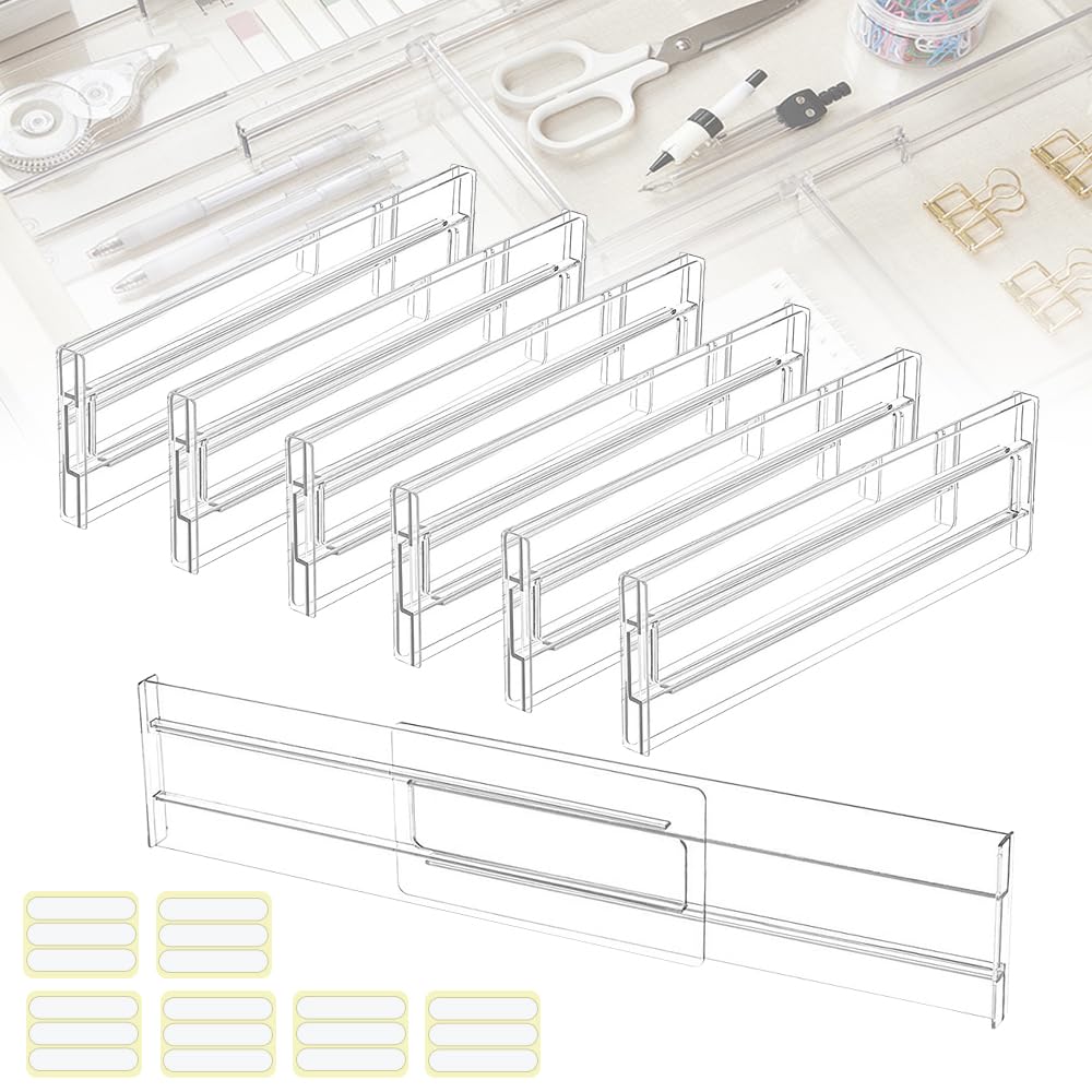 QINERSAW 6 piezas divisores de cajones ajustables Separadores de cajones de plástico transparente 27,5-52 cm Organizador de cajones ajustable para baño, oficina, tocador, almacenamiento de maquillaje