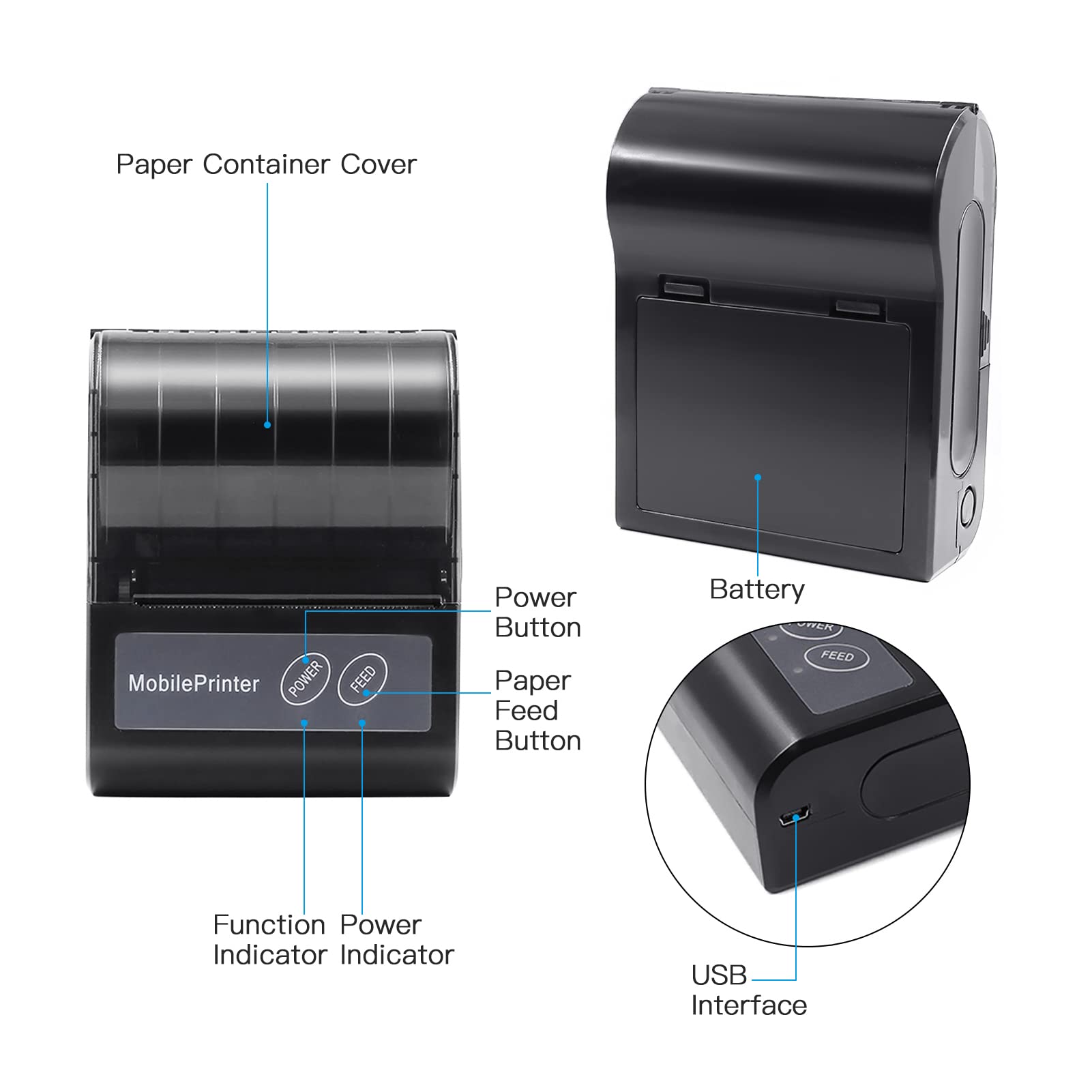Irfora Stampante portatile BT 80 mm per ricevute termiche, mini stampante mobile POS personale con batteria ricaricabile, supporta ESC/POS, compatibile con Android iOS