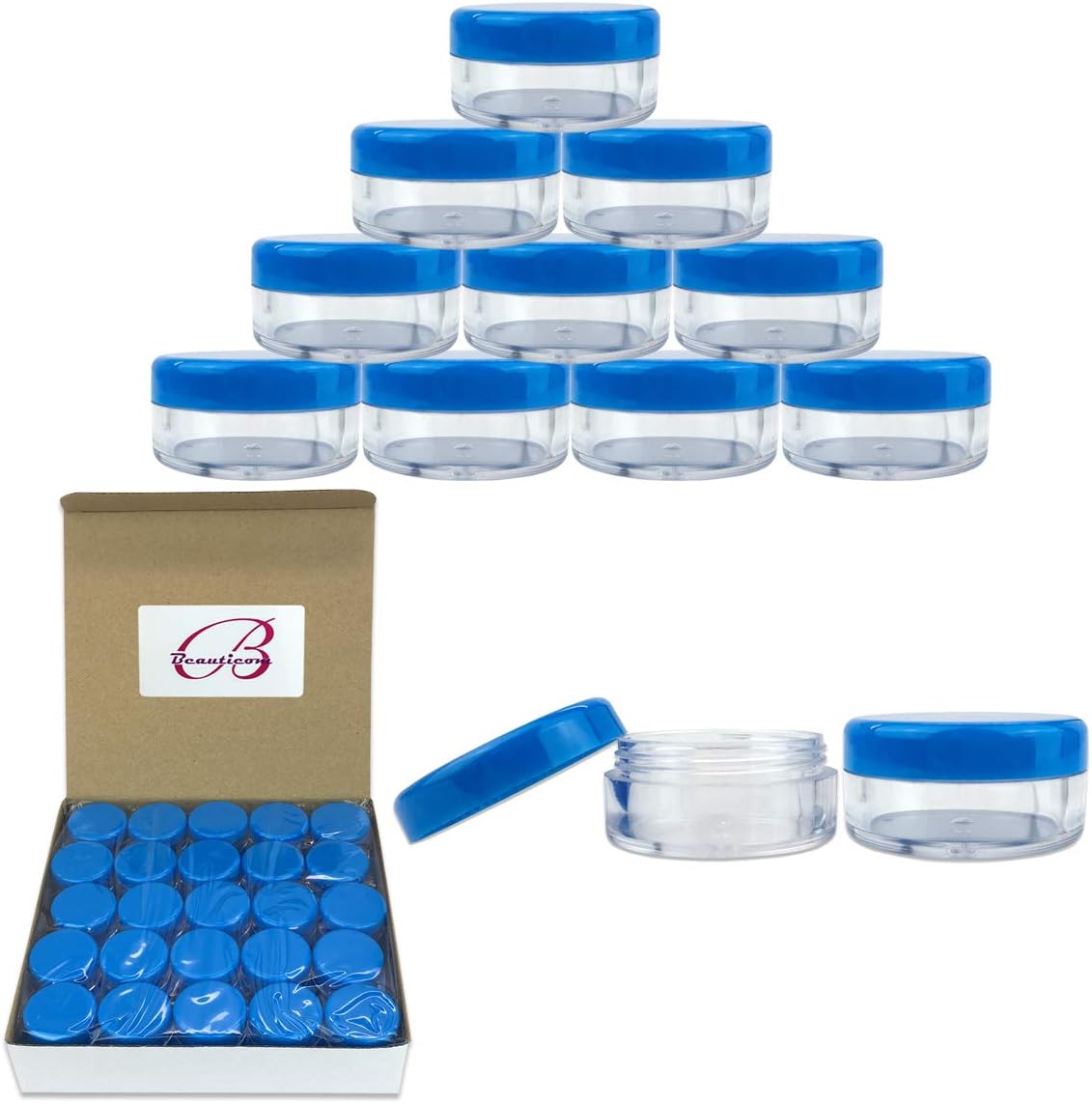 (Quantity: 50 Pieces) Beauticom 5G/5ML Round Clear Jars with Blue Lids for Scrubs, Oils, Toner, Salves, Creams, Lotions, Makeup Samples, Lip Balms
