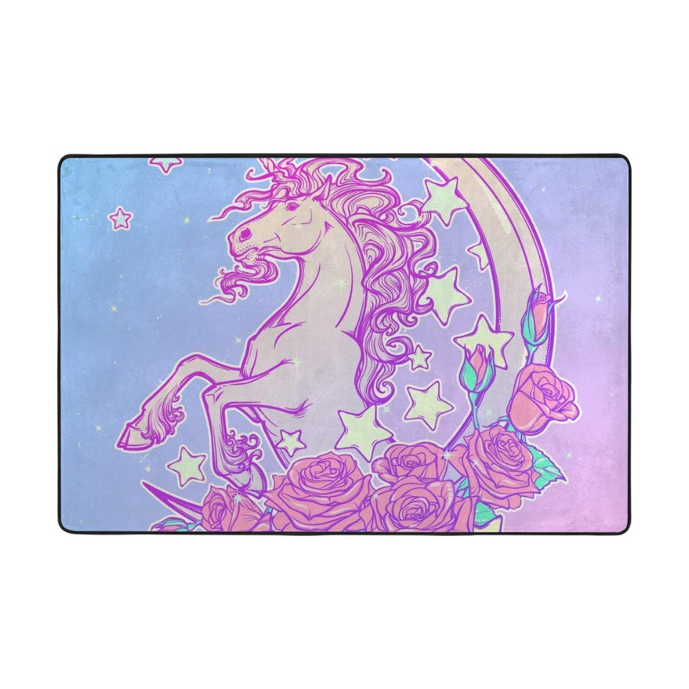 Tapis fantaisie velours corail motif licorne et ciel de nuit