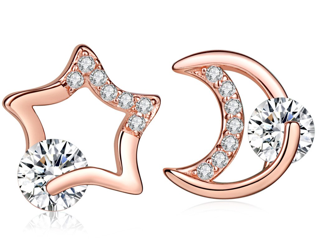 Pendientes Mujer Niña, Yumilok-Moda Pendientes con Brillantes Circontias Estrella y Luna, Oro Rosa S925 Plata de Ley