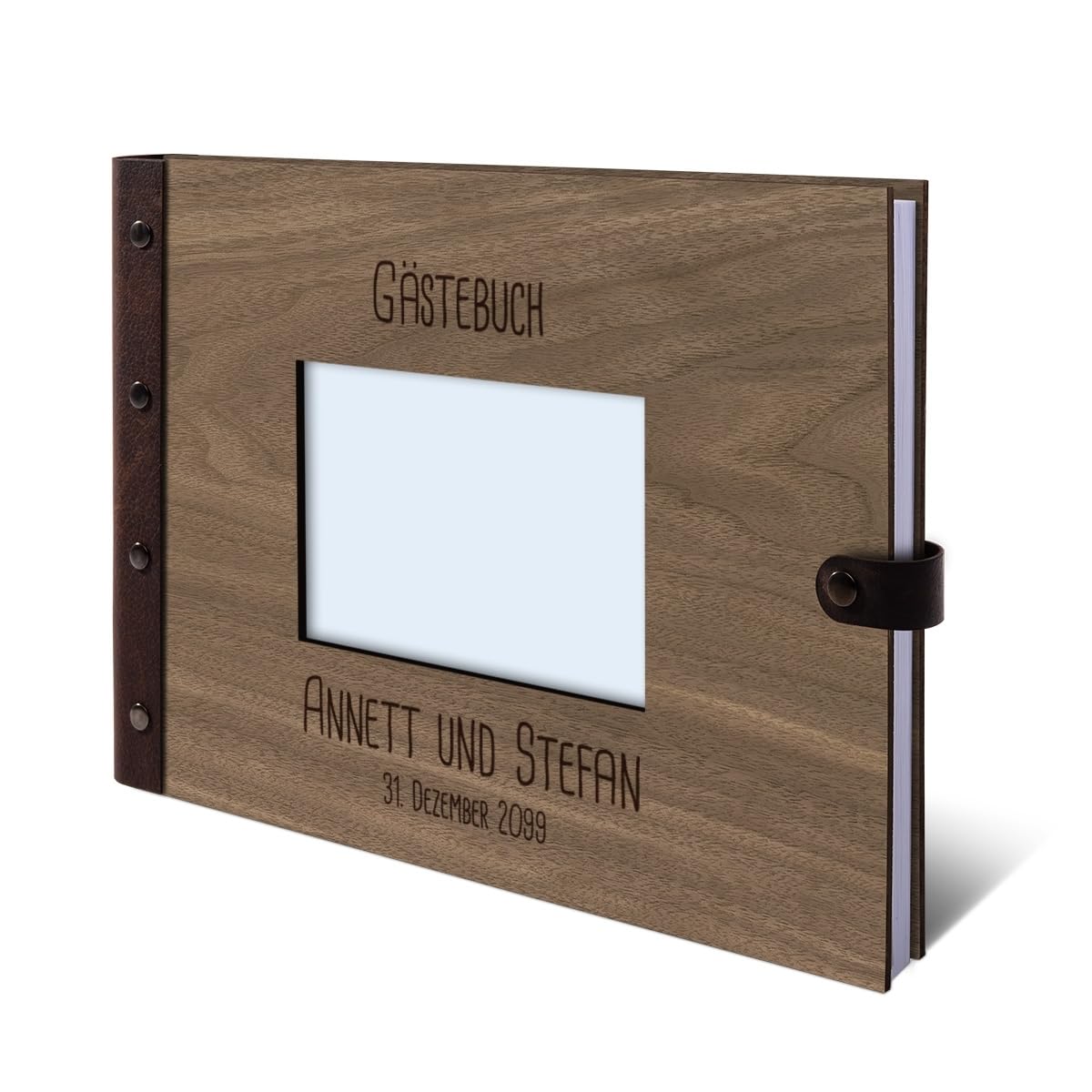 Personalisiertes Hochzeit Gästebuch echtes Holz DIN A4 mit Platz für Foto auf der ersten Seite - Rechteck - mit 72 Blatt / 144 Seiten Naturpapier Weiß