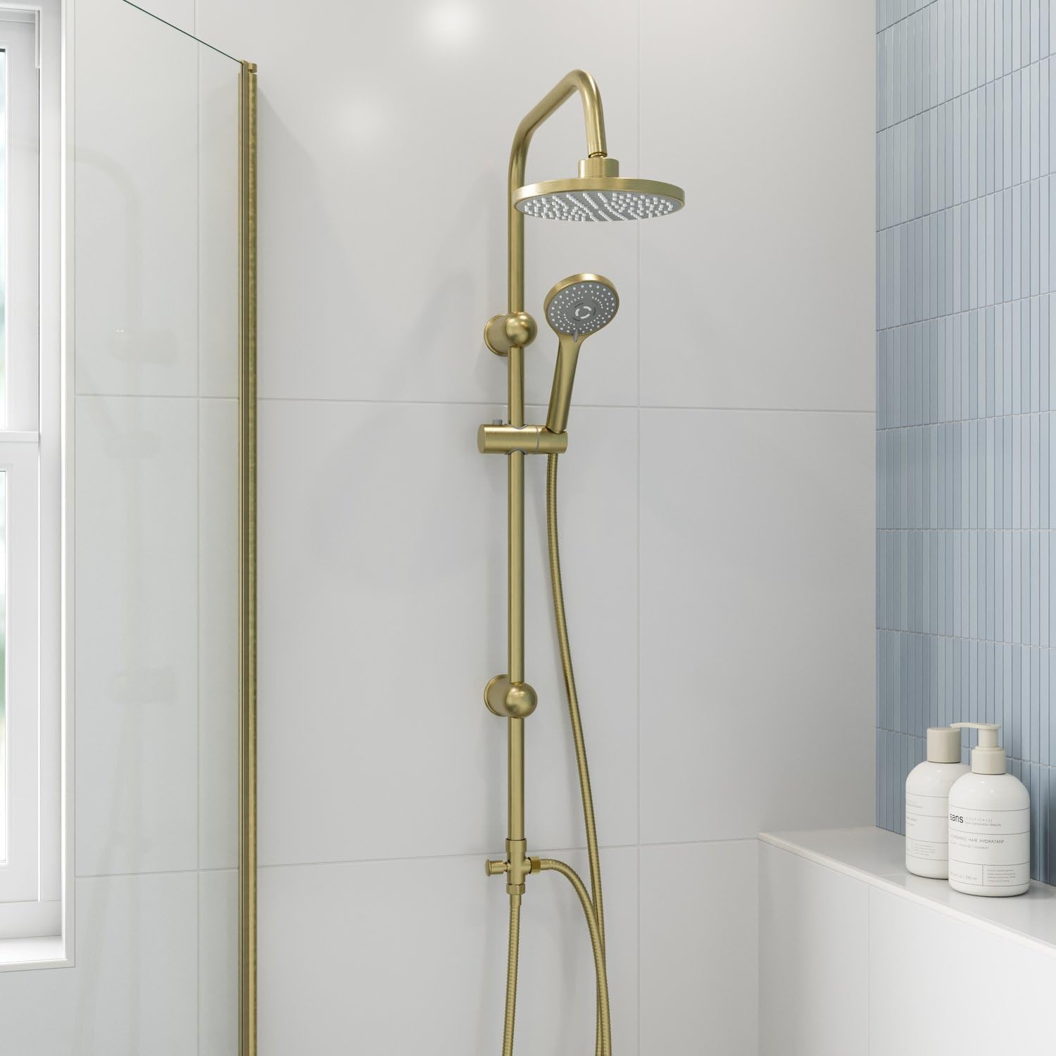 Bathroom Shower Kit Round Single Spray Adjustable Handset Head & Riser Rail with Shower Head Holder, 1.5m Flexible Hose, Brushed Brass