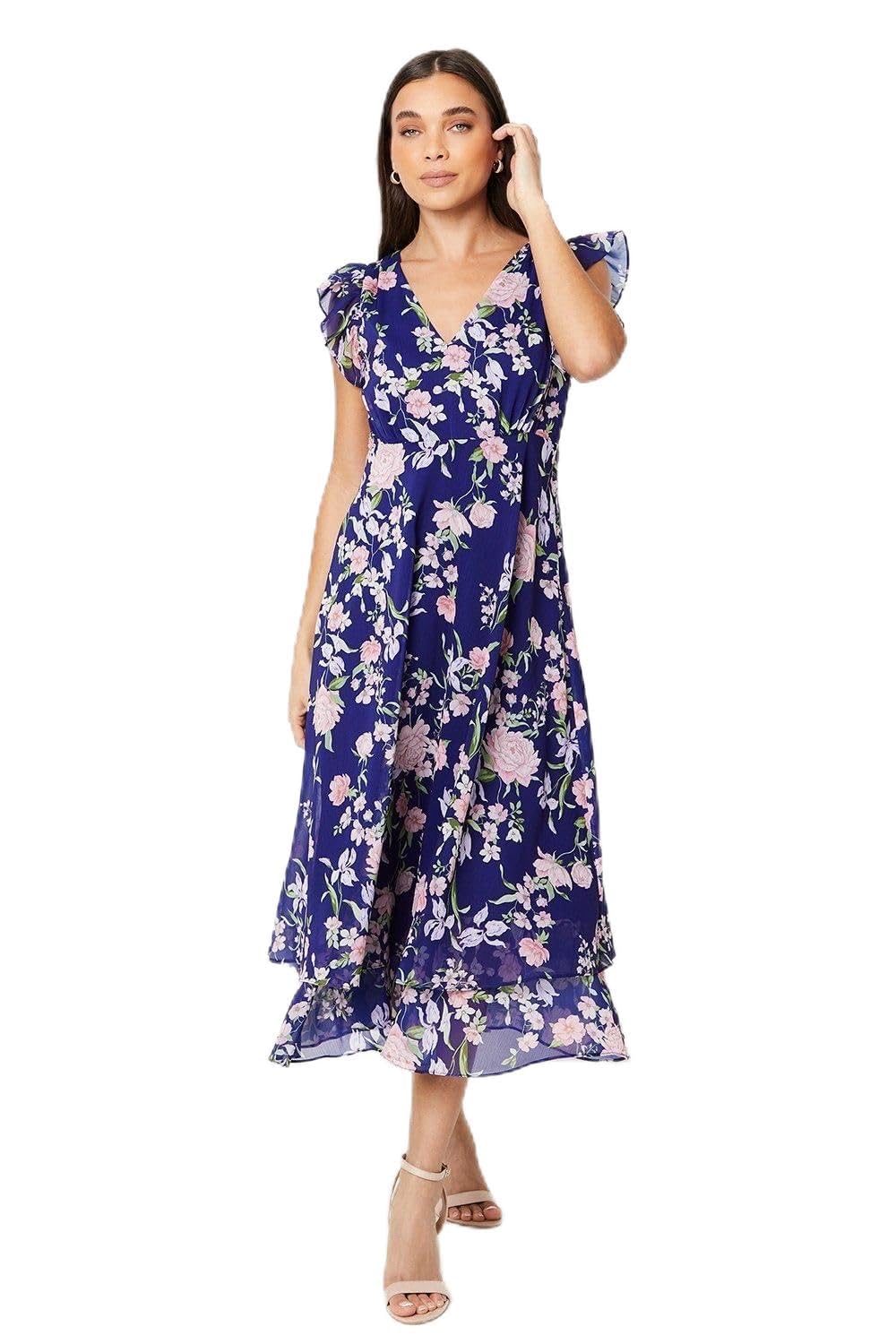 Oasis Petite Ruffle Shoulder Midi Dress, 16, Navy