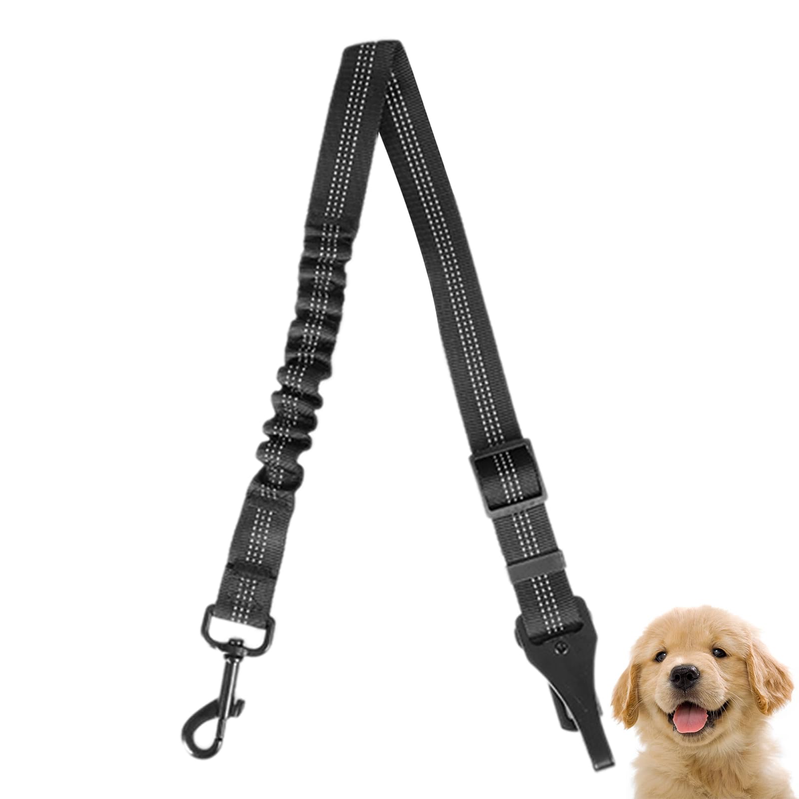 Adjustable Canine Car Safety Harness - Shock-Absorbing Seatbelt Clip with Bungee Buffer for Travel, Black