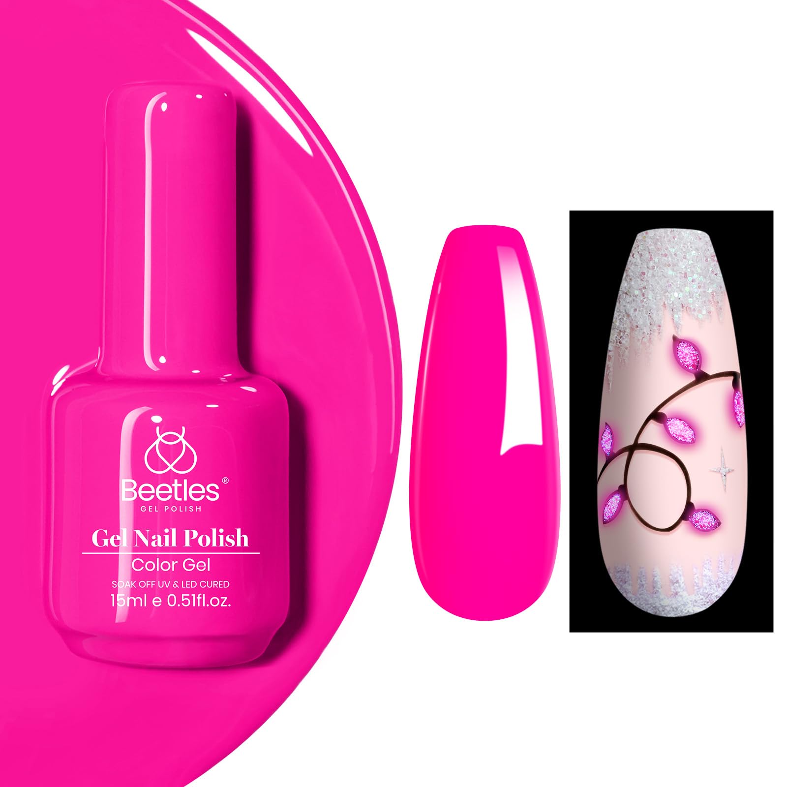 Beetles Hot Pink Gel Nail Polish - Luminous Pink Gel Polish 15ml Glow in the Dark Pink Valentines Soak Off Uv LED Nail Lamp Nail Art Manicure Salon DIY Home Valentines for Women Girls