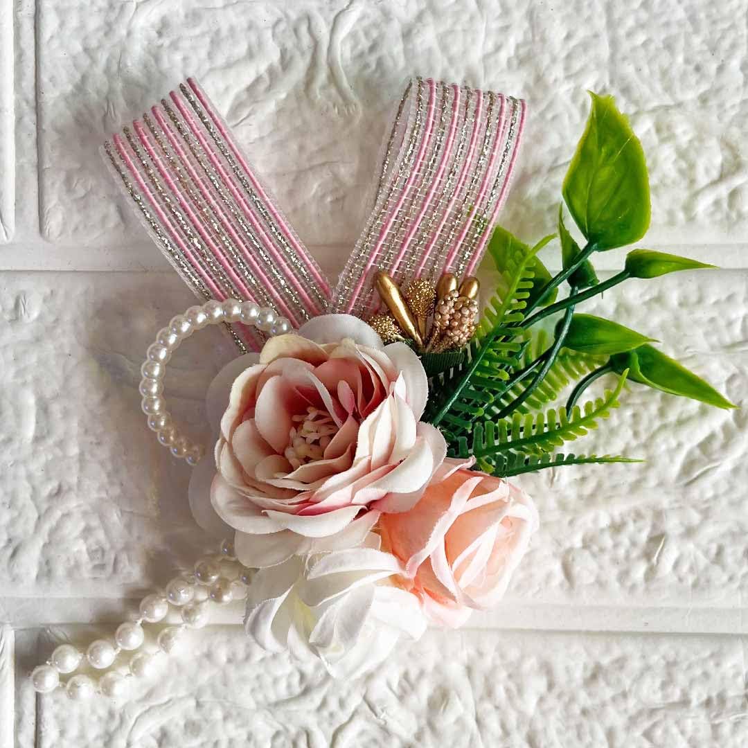 CRAFT SHOP INDIA Artificial Rose Flower Ribbon Leaf Flower Bunch for Hamper, Flower Brooch Hamper for Decoration, Gifting, Trousseau Packing | Flower Bunch (3, Baby Pink) 3