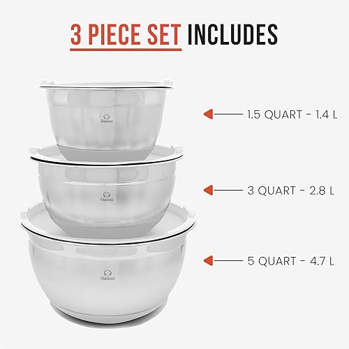 Miniatura 6 de Chef Pomodoro Juego de cuencos para mezclar de acero inoxidable, cuencos de metal con tapas, base de silicona antideslizante, cuencos anidables, 3