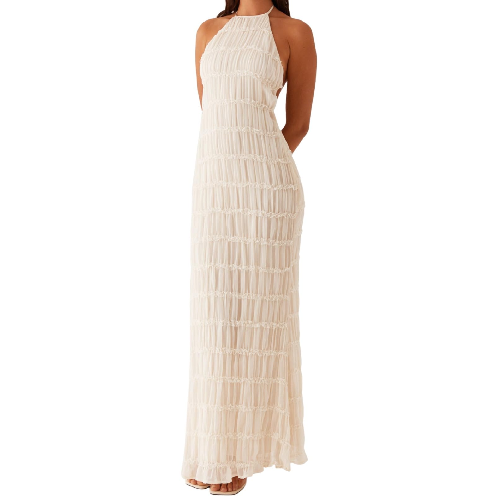 Women Summer Backless Beach Maxi Dress Spaghetti Strap Sleeveless Smocked Tulle Flowy Vacation Long Dress