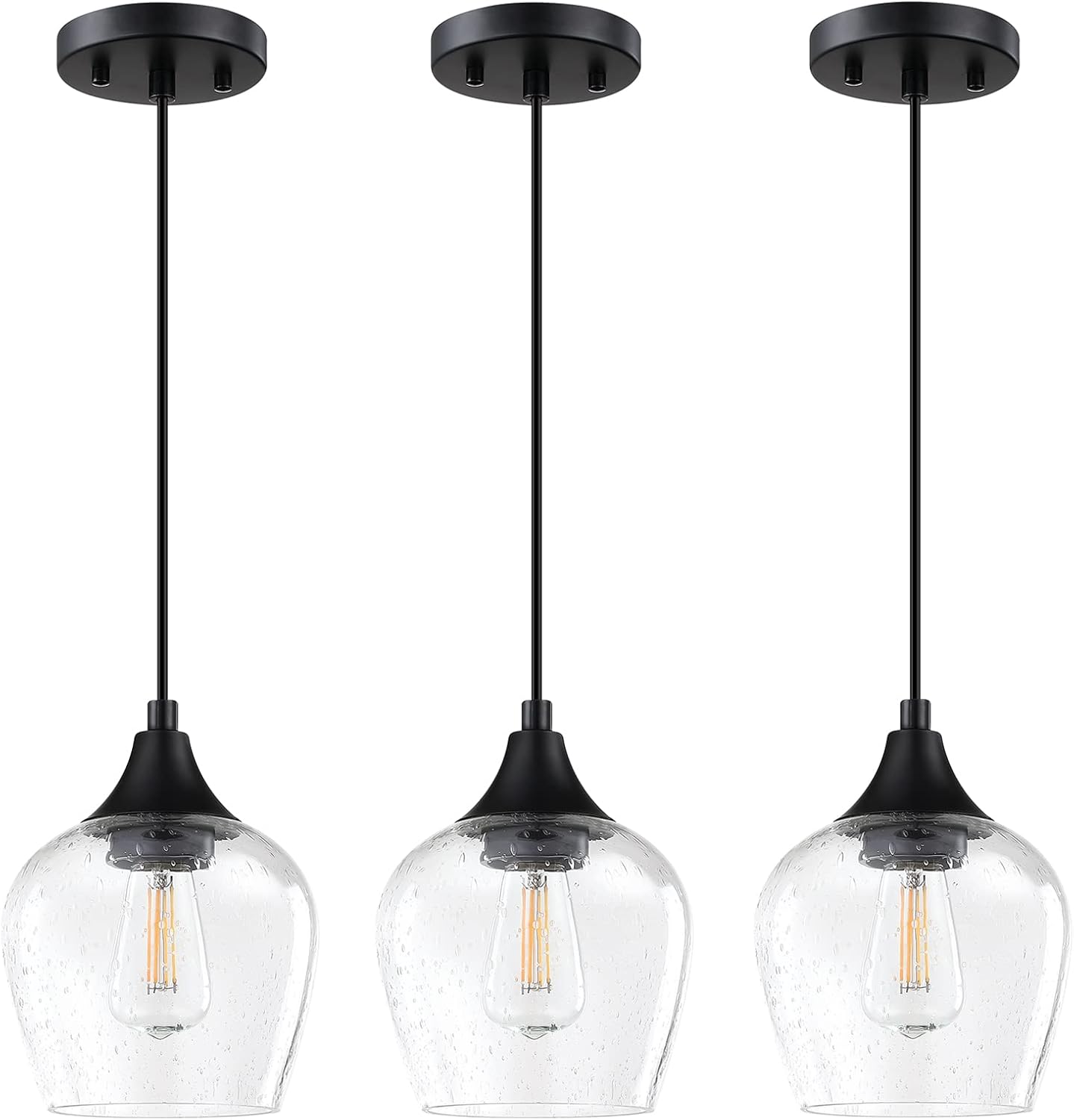 3 Pack 1 Light Indoor Mini Hanging Kitchen Island Pendant Light,Black Finish with Clear Seeded Glass Chandelier Shade for Bar, Dining Room