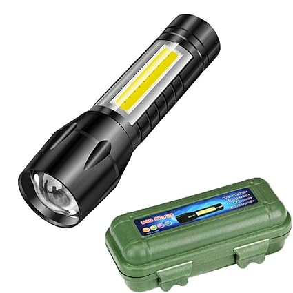 PROTOS INDIA.NET Tactical Flashlight + Desk Lamp with Green Box Zoomable USB Rechargeable Torch 3 Modes Dual COB Waterproof Flashlight Zoom Aluminum Super Bright Torch
