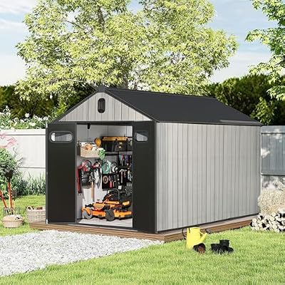 Domi 8x12 FT Outdoor Resin Storage Shed, All-Weather Double-Wall Storage Building for Backyard, Garden, Lawn Tools, Mower, Bike & Pool Equipment, Lockable Doors, Ventilated Roof, Grey