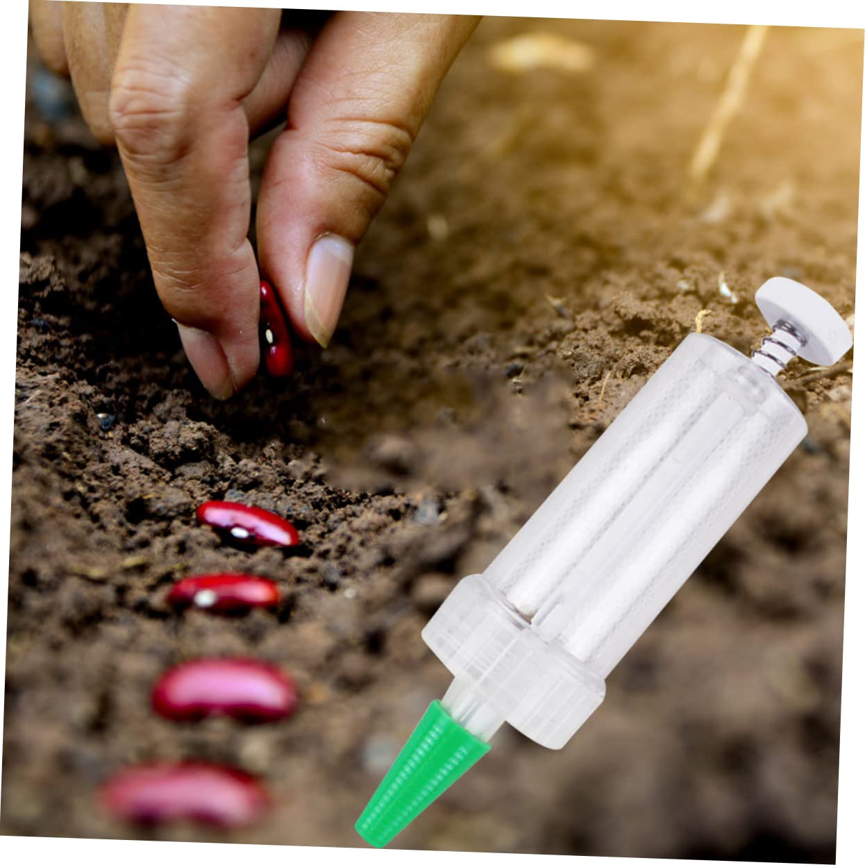 POPETPOP 5 Pièces Semeur Jardinage Semoir Petit Épandeur Semoir à Gazon Manuel Râteau Jardinière à Pousser à La Main Semer des Outils De Repiquage Clair Pôle Semoir Manuel Machine Plastique