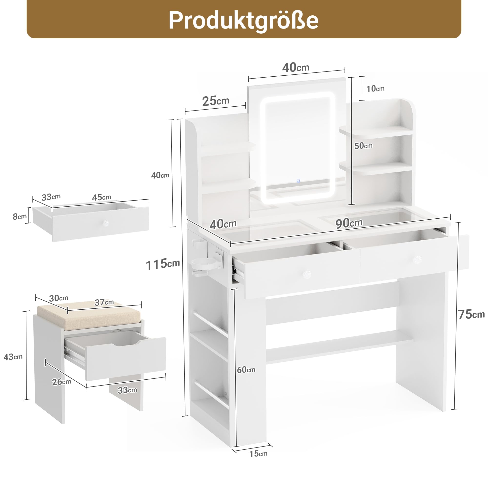 Claiks Hocker Schminktisch mit Stauraum, Schminkhocker Leinen, Sitzhocker gepolstert, Make-up Hocker für Schminktisch, Ankleidezimmer, Schlafzimmer, Weiß