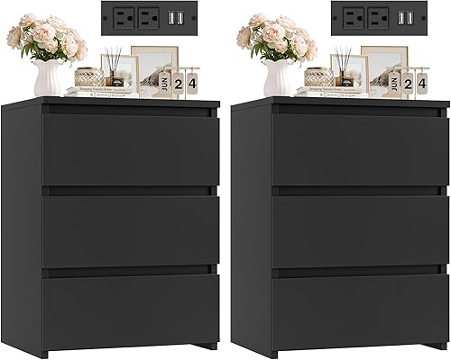 FOTOSOK Juego de 2 mesitas de noche negras de 26 pulgadas de alto, con estación de carga, mesita de noche negra con puertos USB y tomas de