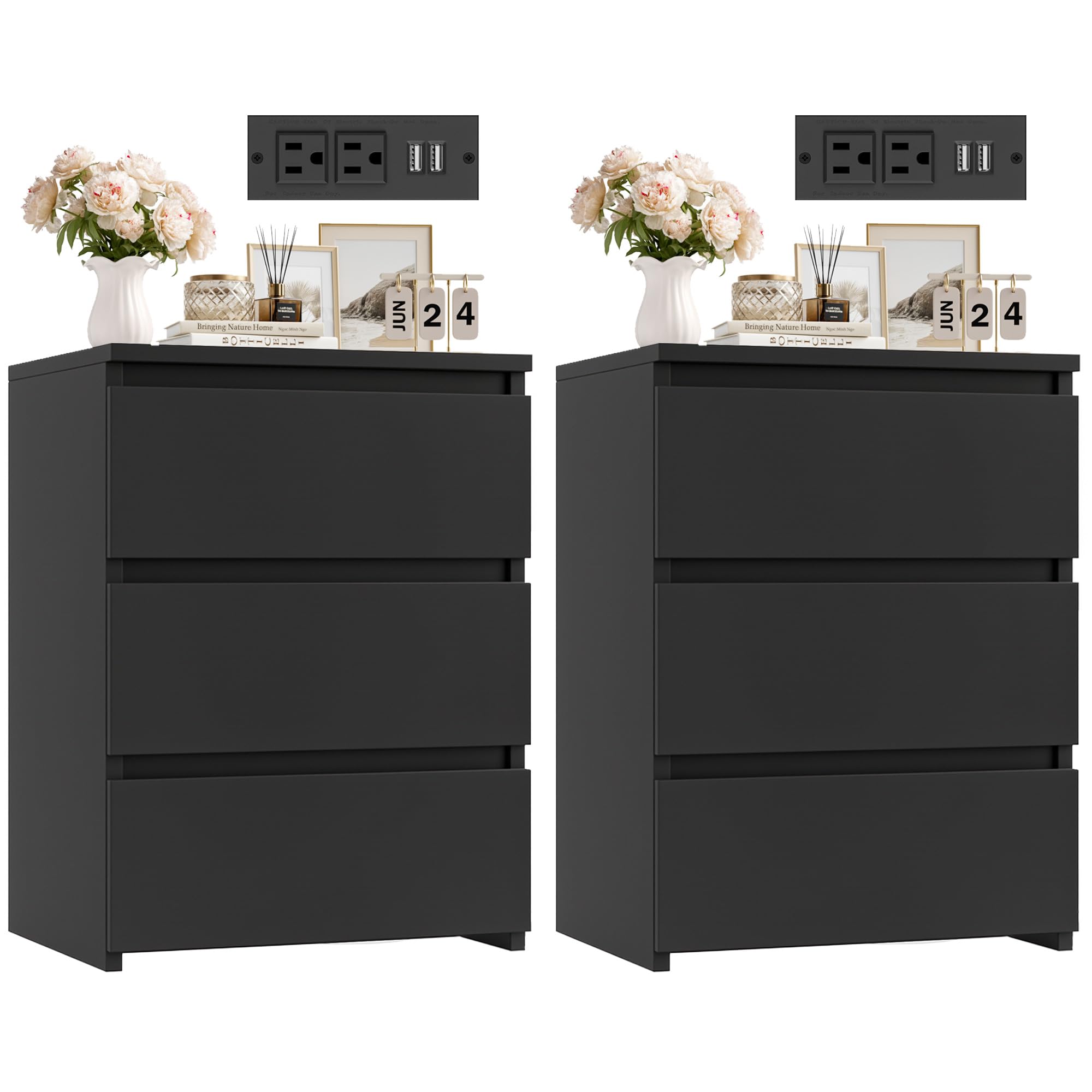 FOTOSOK Black Nightstand Set of 2, 26" H Night Stand Set 2 with Charging Station, Black Night Stand with USB Ports & Power Outlets, Silent Slides, End Side Table Bedside Table for Bedroom