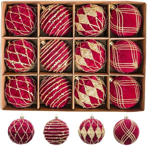 12pcs Velvet Ornaments for Christmas Tree, 3.15'' Large Flocked Xmas Tree Ornaments Set, Bulk Christmas Ornament Pre-Strung, Hanging Paintied Balls for Christmas Tree Decorations, Burgundy