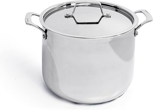 BergHOFF Olla profesional de acero inoxidable 18/10 de triple capa de 9.5 pulgadas, 8 cuartos de galón, mango de agarre seguro, tapa a juego, marcas