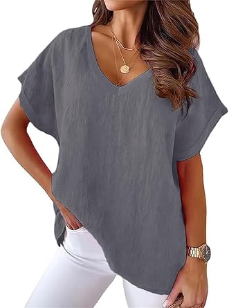 ONLYSTORY Women Cotton Linen Tops Causal Summer Short Sleeve Oversized T Shirts V Neck Loose Blouses