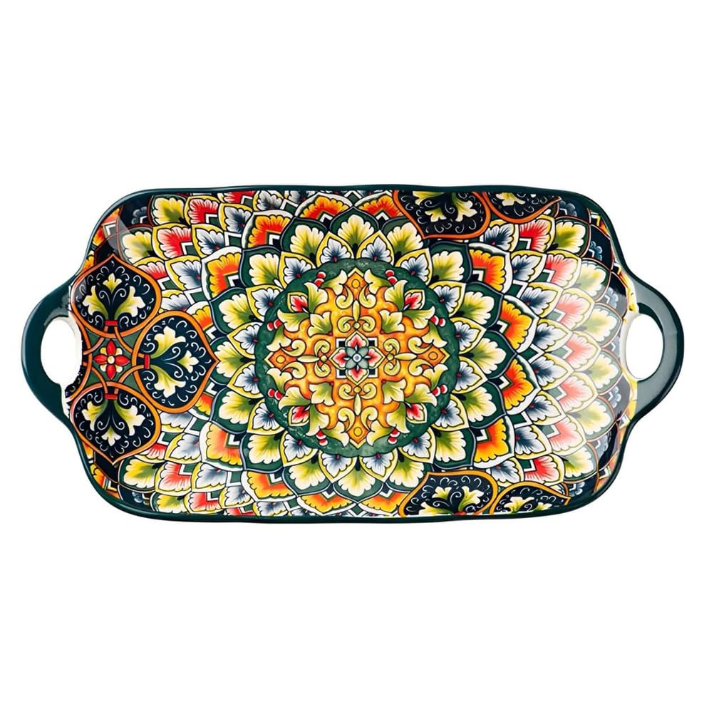 Piatto piano in ceramica con doppi manici, piatto da portata in porcellana per torte, insalate e altro, adatto al microonde e alla lavastoviglie