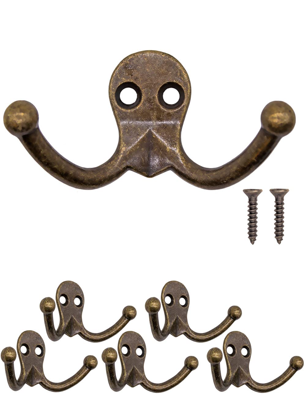 FUXXER® - Solid Antique Double Hooks, Coat Hooks, Towel Hooks, Clothes Hooks, Iron Hooks, Brass Bronze Design, Vintage Country House Retro, Set of 5